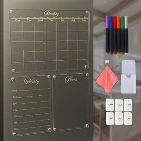 Gold Luxury 3-Piece Fridge Calendar Set | Dry Erase & Magnetic Calendar for Refrigerator & Wall - Includes 6 Chalk Markers, Cloth, Nail-Free Hooks & Pen Holder in Saudi Arabia