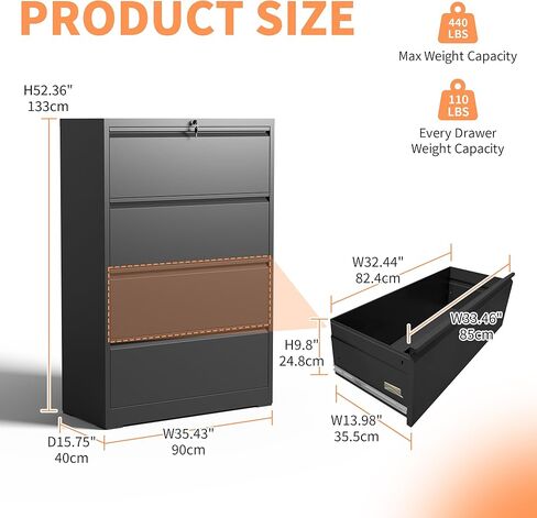 4 خزانة ملفات درج مع خزانة تخزين المعادن مع قضبان معلقة خزائن ملفات للمكتب المنزلي Black File Cabinet for Legal/F4/A4 Silent Drawer anti-Tip in Kuwait