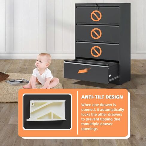 4 خزانة ملفات درج مع خزانة تخزين المعادن مع قضبان معلقة خزائن ملفات للمكتب المنزلي Black File Cabinet for Legal/F4/A4 Silent Drawer anti-Tip in Kuwait