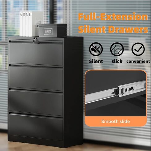 4 خزانة ملفات درج مع خزانة تخزين المعادن مع قضبان معلقة خزائن ملفات للمكتب المنزلي Black File Cabinet for Legal/F4/A4 Silent Drawer anti-Tip in Kuwait
