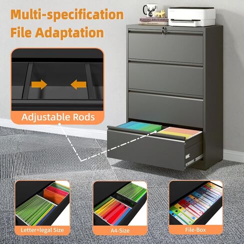 4 خزانة ملفات درج مع خزانة تخزين المعادن مع قضبان معلقة خزائن ملفات للمكتب المنزلي Black File Cabinet for Legal/F4/A4 Silent Drawer anti-Tip in Kuwait