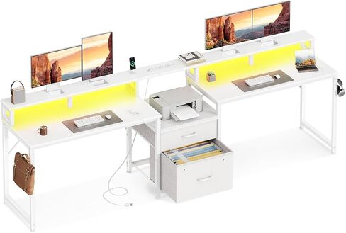 Casaottima 98 "2 شخص 2 Gaming Custom Desk with Fabric Drawer & File Cabinet ، وشاحنان كتابة مكتب Office Office مع منفذ الطاقة وضوء LED ومراقبة ، ورفوف التخزين ، والأبيض in Kuwait