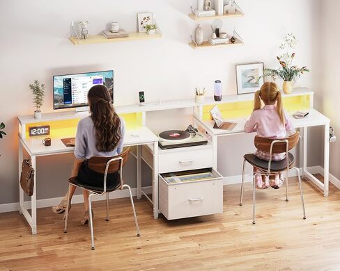 Casaottima 98 "2 شخص 2 Gaming Custom Desk with Fabric Drawer & File Cabinet ، وشاحنان كتابة مكتب Office Office مع منفذ الطاقة وضوء LED ومراقبة ، ورفوف التخزين ، والأبيض in Kuwait