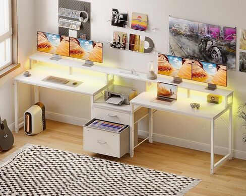 Casaottima 98 "2 شخص 2 Gaming Custom Desk with Fabric Drawer & File Cabinet ، وشاحنان كتابة مكتب Office Office مع منفذ الطاقة وضوء LED ومراقبة ، ورفوف التخزين ، والأبيض in Kuwait