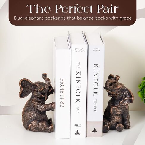 Bookends Vintage Elephant Devinative مع حشوة غير قابلة للانزلاق للأرفف لعقد الكتب - حاملات الكتب الراتنج الثقيلة لديكور رف الكتب ، المنزل ، المكتب ، غرفة المعيشة - 4 "L x 4" W × 7 "H in Saudi Arabia