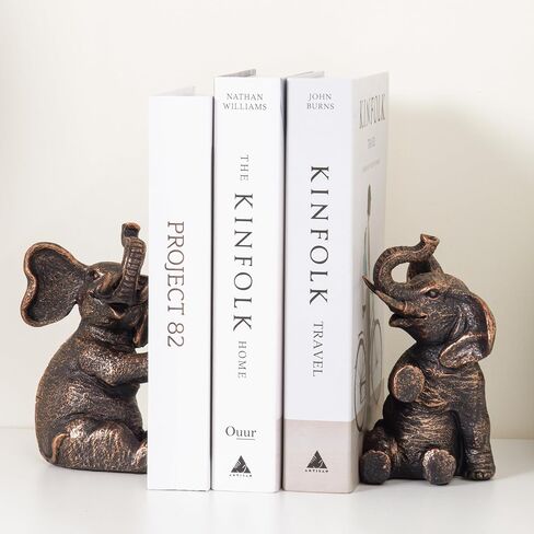 Bookends Vintage Elephant Devinative مع حشوة غير قابلة للانزلاق للأرفف لعقد الكتب - حاملات الكتب الراتنج الثقيلة لديكور رف الكتب ، المنزل ، المكتب ، غرفة المعيشة - 4 "L x 4" W × 7 "H in Saudi Arabia