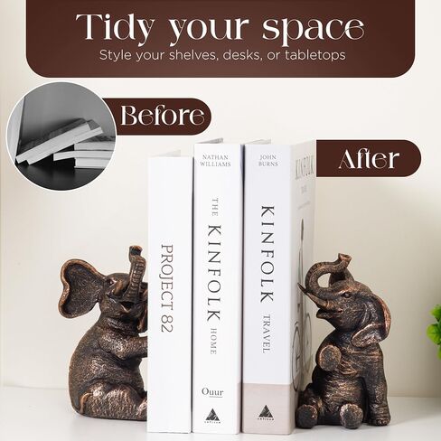 Bookends Vintage Elephant Devinative مع حشوة غير قابلة للانزلاق للأرفف لعقد الكتب - حاملات الكتب الراتنج الثقيلة لديكور رف الكتب ، المنزل ، المكتب ، غرفة المعيشة - 4 "L x 4" W × 7 "H in Saudi Arabia