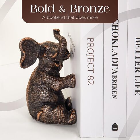 Bookends Vintage Elephant Devinative مع حشوة غير قابلة للانزلاق للأرفف لعقد الكتب - حاملات الكتب الراتنج الثقيلة لديكور رف الكتب ، المنزل ، المكتب ، غرفة المعيشة - 4 "L x 4" W × 7 "H in Saudi Arabia
