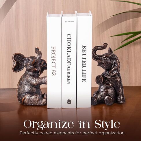 Bookends Vintage Elephant Devinative مع حشوة غير قابلة للانزلاق للأرفف لعقد الكتب - حاملات الكتب الراتنج الثقيلة لديكور رف الكتب ، المنزل ، المكتب ، غرفة المعيشة - 4 "L x 4" W × 7 "H in Saudi Arabia