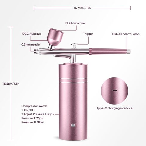 Lussmioe 30psi البخاخة للأظافر مجموعة البخاخة المحمولة مع ضاغط آلة رذاذ فرشاة الهواء القابلة لإعادة الشحن عالي الضغط مع فوهة 0.3 مم لطلاء طراز مكياج كعكة حلاقة in Kuwait