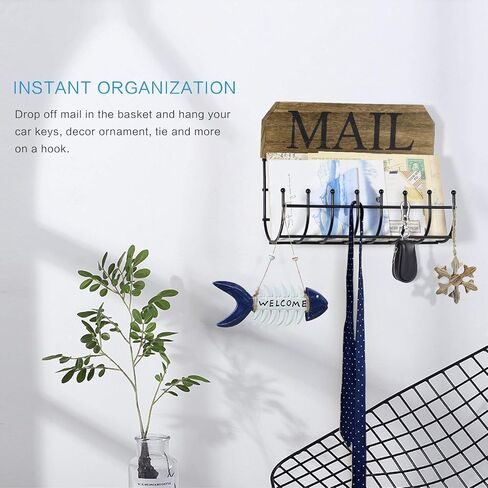 SRIWATANA Key Holder for Wall, Mail Organizer Wall Mount with Metal Storage Basket, Key Holder with 5 Hooks for Entryway, Office, Home Decor, Black in Saudi Arabia