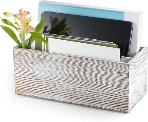 Mail Organizer countertop, Wood Mail Holder 2 Slots, Phone Box with Hidden Charging Port, White Wash Letter Holder, Desk Organizers & Accessories for Home Office Decor in Saudi Arabia