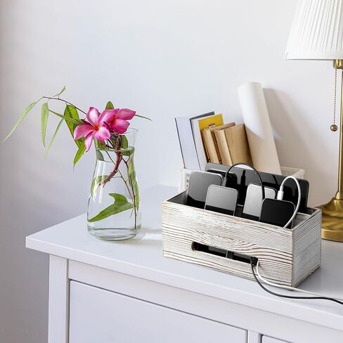 Mail Organizer countertop, Wood Mail Holder 2 Slots, Phone Box with Hidden Charging Port, White Wash Letter Holder, Desk Organizers & Accessories for Home Office Decor in Saudi Arabia