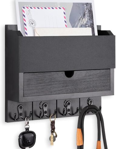 Mail and Key Holder Wall Mount with Storage Drawer – Modern Wooden Mail Organizer for Wall Entryway, 7 Key Hooks & Chalkboard Panel – Stylish Home Decor for Apartments, Living Room, Office in Kuwait