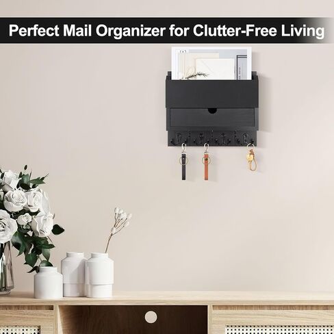 Mail and Key Holder Wall Mount with Storage Drawer – Modern Wooden Mail Organizer for Wall Entryway, 7 Key Hooks & Chalkboard Panel – Stylish Home Decor for Apartments, Living Room, Office in Kuwait