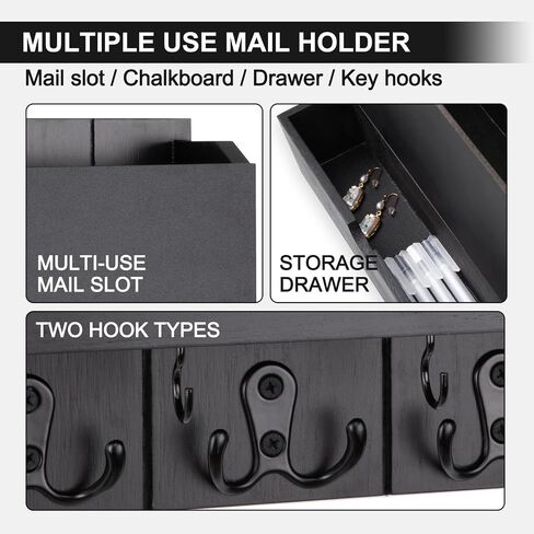 Mail and Key Holder Wall Mount with Storage Drawer – Modern Wooden Mail Organizer for Wall Entryway, 7 Key Hooks & Chalkboard Panel – Stylish Home Decor for Apartments, Living Room, Office in Kuwait