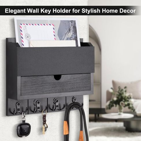 Mail and Key Holder Wall Mount with Storage Drawer – Modern Wooden Mail Organizer for Wall Entryway, 7 Key Hooks & Chalkboard Panel – Stylish Home Decor for Apartments, Living Room, Office in Kuwait