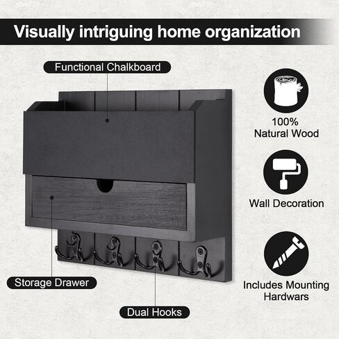 Mail and Key Holder Wall Mount with Storage Drawer – Modern Wooden Mail Organizer for Wall Entryway, 7 Key Hooks & Chalkboard Panel – Stylish Home Decor for Apartments, Living Room, Office in Kuwait