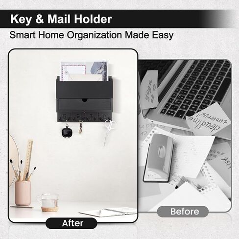 Mail and Key Holder Wall Mount with Storage Drawer – Modern Wooden Mail Organizer for Wall Entryway, 7 Key Hooks & Chalkboard Panel – Stylish Home Decor for Apartments, Living Room, Office in Kuwait