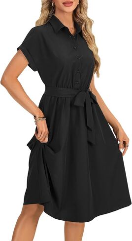 فستان قميص Vrtige نسائي بياقة وأزرار سفلية وخصر وأكمام قصيرة على شكل حرف A in Kuwait