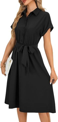 فستان قميص Vrtige نسائي بياقة وأزرار سفلية وخصر وأكمام قصيرة على شكل حرف A in Kuwait