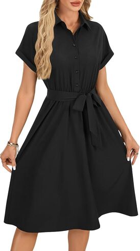 فستان قميص Vrtige نسائي بياقة وأزرار سفلية وخصر وأكمام قصيرة على شكل حرف A in Kuwait