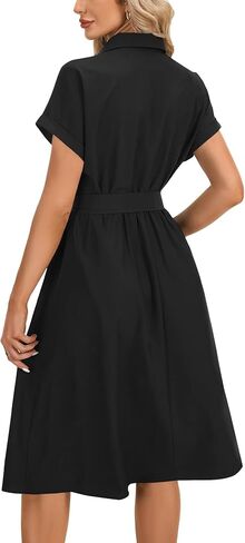 فستان قميص Vrtige نسائي بياقة وأزرار سفلية وخصر وأكمام قصيرة على شكل حرف A in Kuwait