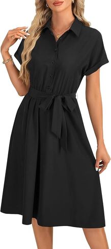 فستان قميص Vrtige نسائي بياقة وأزرار سفلية وخصر وأكمام قصيرة على شكل حرف A in Kuwait