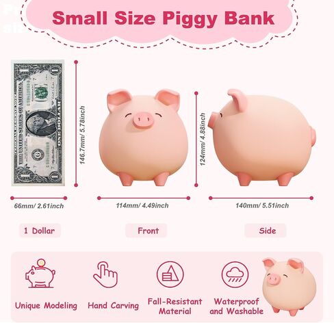 Piggy Bank for Girls, Small Cute Money Saving Bank, Unbreakable Vinyl Little Decoration Pig Coin Box, Mini Personalized Money Container for Kids, Toddler, Boy (Pink) in Saudi Arabia