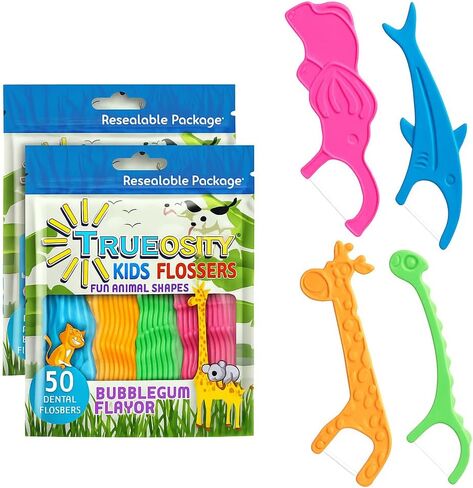 Kids Flossers 2 Pack (100 Total), Kids Floss Picks, Flossers Kids, Floss for Kids, Cute Animal Shapes, Glides Easy Between Teeth, Flosser Helps Prevent Tooth Decay & Gum Disease, Bubble Gum Flavored in Kuwait