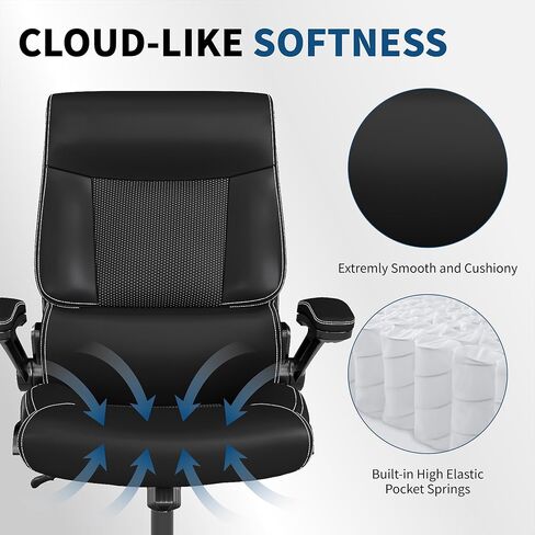 Ergonomic Big and Tall Office Chair, 500LBS PU Leather Executive Desk Chair with Lumbar Support and Flip-up Armrests, High Back, for Home and Office, Black in Saudi Arabia