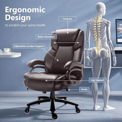Waleaf 500lbs Big and Tall Office Chair, Heavy Duty Chair for Heavy People, Adjustable Ergonomic Lumbar Support Executive Chair, Large High Back and Quiet Rubber Wheels in Kuwait
