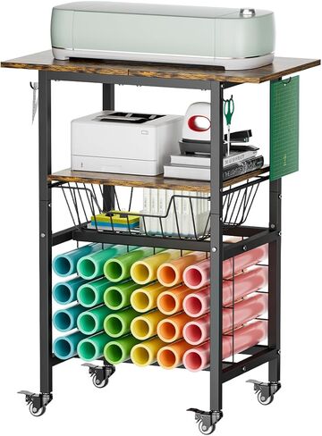 عربة قائمة انتظار مع عجلات متوافقة مع آلات Cricut ، تنظيم الحرفية وموقف التخزين مع طاولة حرفية لإكسسوارات Cricut ، عربة تخزين المتداول مع 24 Hollers لفائف الفينيل ， أسود in Kuwait