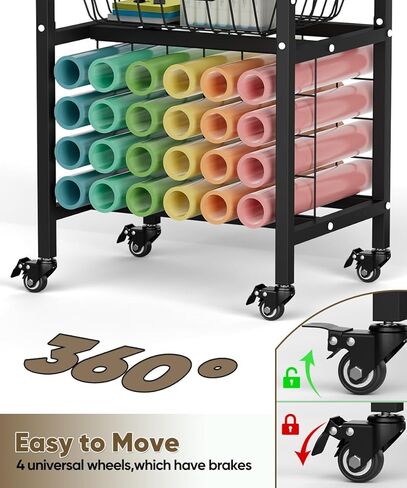 عربة قائمة انتظار مع عجلات متوافقة مع آلات Cricut ، تنظيم الحرفية وموقف التخزين مع طاولة حرفية لإكسسوارات Cricut ، عربة تخزين المتداول مع 24 Hollers لفائف الفينيل ， أسود in Kuwait