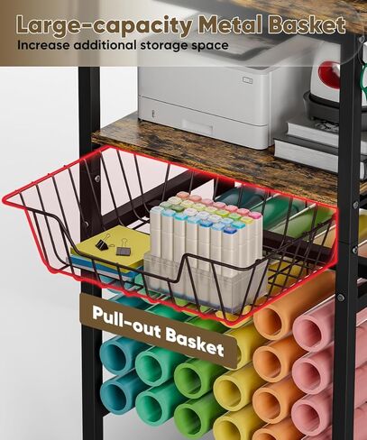 عربة قائمة انتظار مع عجلات متوافقة مع آلات Cricut ، تنظيم الحرفية وموقف التخزين مع طاولة حرفية لإكسسوارات Cricut ، عربة تخزين المتداول مع 24 Hollers لفائف الفينيل ， أسود in Kuwait