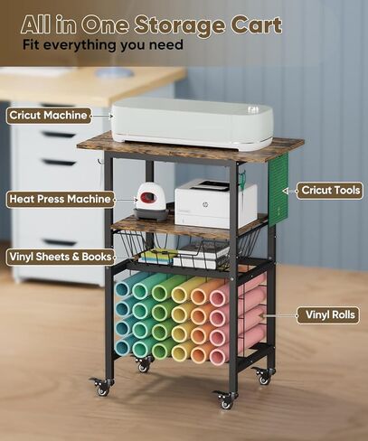 عربة قائمة انتظار مع عجلات متوافقة مع آلات Cricut ، تنظيم الحرفية وموقف التخزين مع طاولة حرفية لإكسسوارات Cricut ، عربة تخزين المتداول مع 24 Hollers لفائف الفينيل ， أسود in Kuwait
