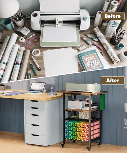عربة قائمة انتظار مع عجلات متوافقة مع آلات Cricut ، تنظيم الحرفية وموقف التخزين مع طاولة حرفية لإكسسوارات Cricut ، عربة تخزين المتداول مع 24 Hollers لفائف الفينيل ， أسود in Kuwait