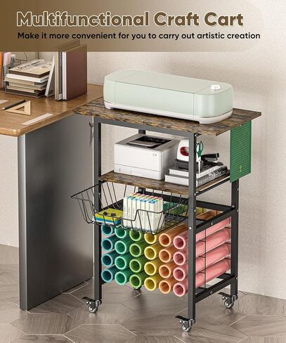 عربة قائمة انتظار مع عجلات متوافقة مع آلات Cricut ، تنظيم الحرفية وموقف التخزين مع طاولة حرفية لإكسسوارات Cricut ، عربة تخزين المتداول مع 24 Hollers لفائف الفينيل ， أسود in Kuwait