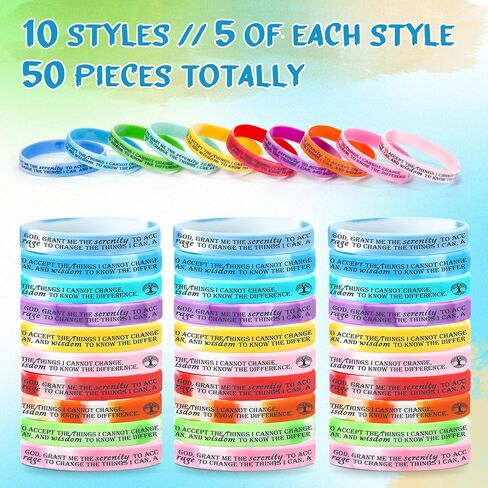 Cunno 50 Pcs Sobriety Bracelets Serenity Prayer Gifts Silicone Wristbands Sobriety Recovery Gifts Reminder for Men Women Recovery Group Reminder(Light Color) in Saudi Arabia