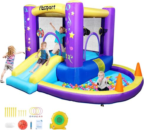 FBSPORT Inflatable Bounce House, Kids Bounce Castle Slide for Indoor Outdoor,Toddler Baby Jumper Bouncer, Kids Jumping Bouncy House with Blower, Ball Pit Pool, Basketball Hoop, Dart Game, Green in Kuwait