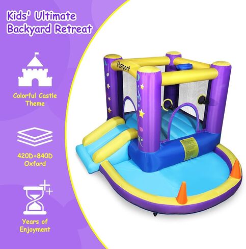FBSPORT Inflatable Bounce House, Kids Bounce Castle Slide for Indoor Outdoor,Toddler Baby Jumper Bouncer, Kids Jumping Bouncy House with Blower, Ball Pit Pool, Basketball Hoop, Dart Game, Green in Kuwait