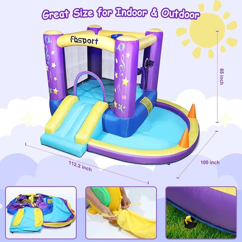 FBSPORT Inflatable Bounce House, Kids Bounce Castle Slide for Indoor Outdoor,Toddler Baby Jumper Bouncer, Kids Jumping Bouncy House with Blower, Ball Pit Pool, Basketball Hoop, Dart Game, Green in Kuwait