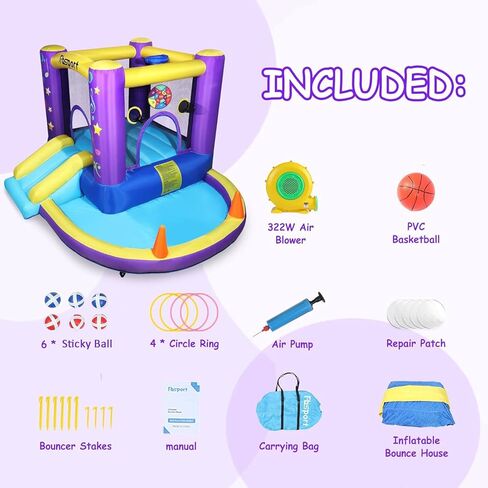 FBSPORT Inflatable Bounce House, Kids Bounce Castle Slide for Indoor Outdoor,Toddler Baby Jumper Bouncer, Kids Jumping Bouncy House with Blower, Ball Pit Pool, Basketball Hoop, Dart Game, Green in Kuwait