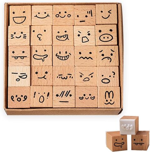 25 Pieces Wooden Rubber Stamp Set, Plant Decorative Wooden Stamp DIY Craft, Cute Butterfly & Botanical Designs for Journals, Scrapbooks, Planners, and DIY Crafts (Emoji) in Saudi Arabia