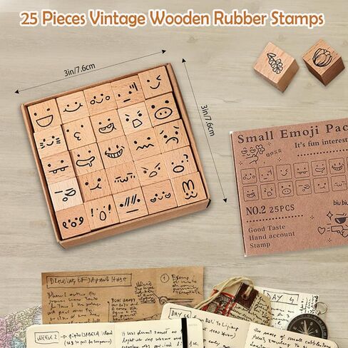 25 Pieces Wooden Rubber Stamp Set, Plant Decorative Wooden Stamp DIY Craft, Cute Butterfly & Botanical Designs for Journals, Scrapbooks, Planners, and DIY Crafts (Emoji) in Saudi Arabia