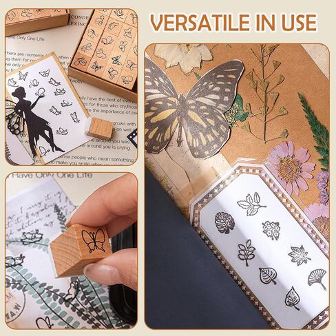 25 Pieces Wooden Rubber Stamp Set, Plant Decorative Wooden Stamp DIY Craft, Cute Butterfly & Botanical Designs for Journals, Scrapbooks, Planners, and DIY Crafts (Emoji) in Saudi Arabia
