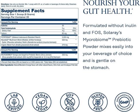 SOLARAY Mycrobiome Prebiotic Powder، البريبايوتكس للنساء والرجال، مكملات غذائية هضمية لصحة القولون والأمعاء، تركيبة سهلة الخلط وغير منتفخة، نكهة الحمضيات، 20 حصة، 5.64 أونصة in Saudi Arabia