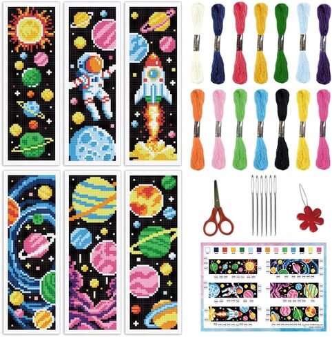 infunly 6pcs Space DIY Cross Stitch Borkmark Kits for Beginners Planets Sun Cross Stitch Kit مع التعليمات المطبوعة مسبقًا Rocket Stembered Stemmarky Kit لمحبي الكتب القراء كتاب الهدية in Kuwait