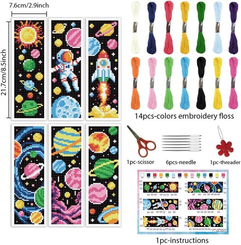 infunly 6pcs Space DIY Cross Stitch Borkmark Kits for Beginners Planets Sun Cross Stitch Kit مع التعليمات المطبوعة مسبقًا Rocket Stembered Stemmarky Kit لمحبي الكتب القراء كتاب الهدية in Kuwait