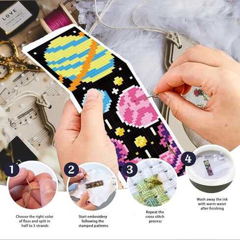 infunly 6pcs Space DIY Cross Stitch Borkmark Kits for Beginners Planets Sun Cross Stitch Kit مع التعليمات المطبوعة مسبقًا Rocket Stembered Stemmarky Kit لمحبي الكتب القراء كتاب الهدية in Kuwait
